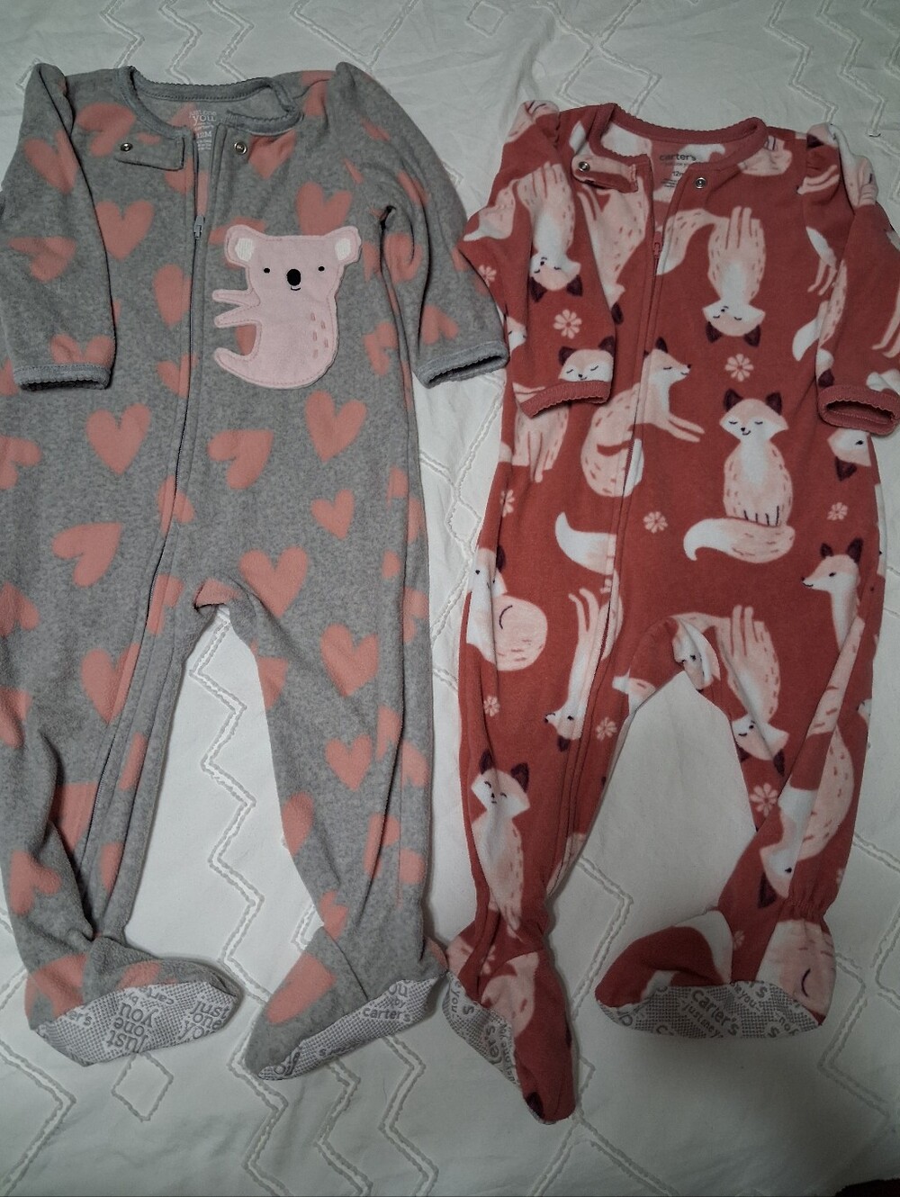 Carter's Pink Heart & Fox Fleece Footed One-Pieces